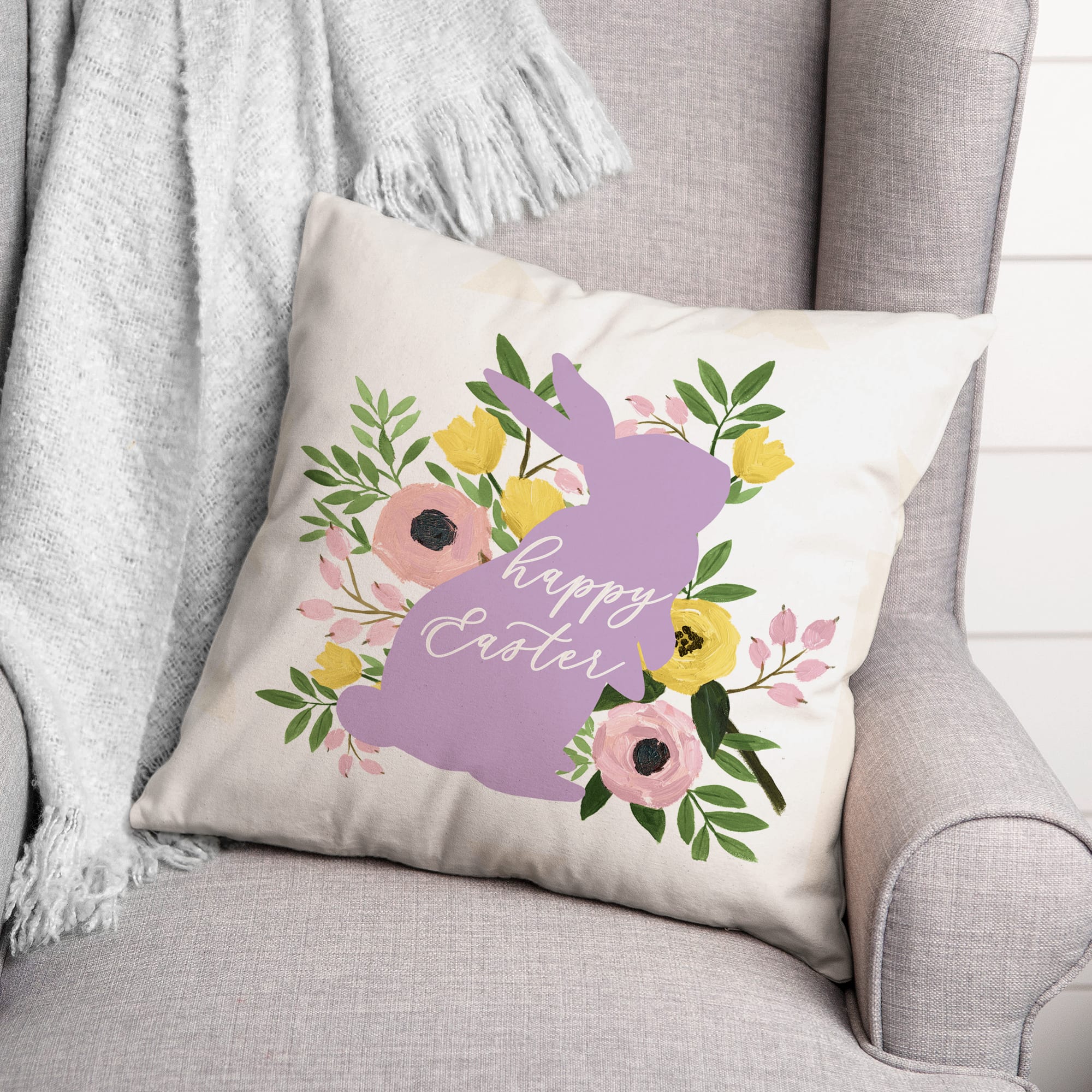 Happy Easter Floral Bunny 18" x 18" Throw Pillow